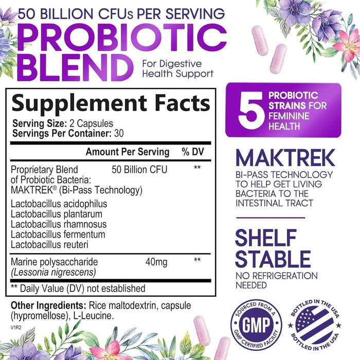 Probiotics for Women 4-in-1, 50 Billion CFU + Prebiotics, Vaginal Women's Probiotic for Digestive, pH, Urinary & Immune Health Support, No Gluten, Shelf Stable Probiotic Supplement