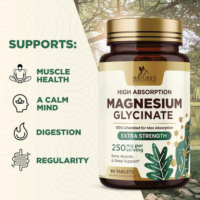 High Absorption Magnesium Glycinate Supplement, 250 mg, Best Magnesium Supplement 100% Chelated for Max Absorption