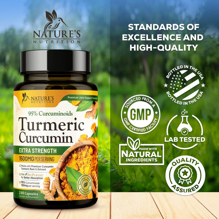 Turmeric Curcumin Supplement 1500mg - Organic Tumeric & BioPerine Black Pepper for Best Absorption with 95% Curcuminoids, Nature's Joint & Immune Support, Non-GMO, Bottled in USA