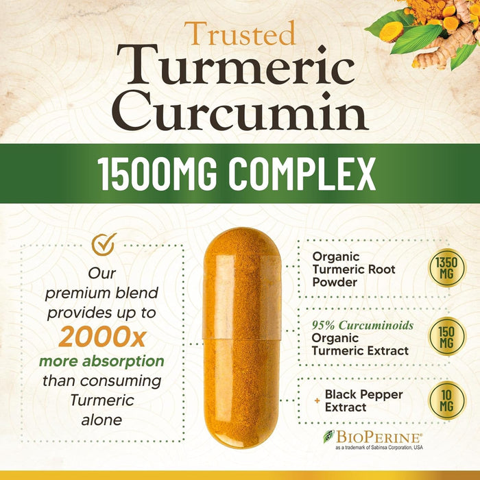 Turmeric Curcumin Supplement 1500mg - Organic Tumeric & BioPerine Black Pepper for Best Absorption with 95% Curcuminoids, Nature's Joint & Immune Support, Non-GMO, Bottled in USA