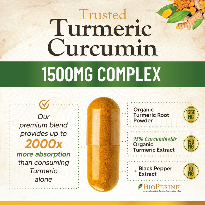 Turmeric Curcumin Supplement 1500mg - Organic Tumeric & BioPerine Black Pepper for Best Absorption with 95% Curcuminoids, Nature's Joint & Immune Support, Non-GMO, Bottled in USA