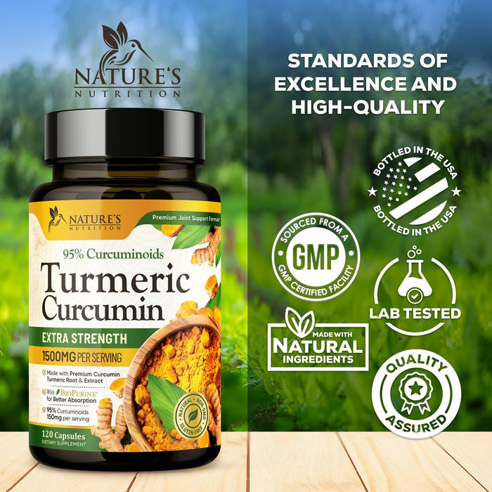 Turmeric Curcumin Supplement 1500mg - Organic Tumeric & BioPerine Black Pepper for Best Absorption with 95% Curcuminoids, Nature's Joint & Immune Support, Non-GMO, Bottled in USA