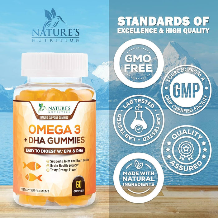 Omega 3 Fish Oil Gummies, Heart Healthy Omega 3 Supplement with High Absorption DHA & EPA, Extra Strength Joint & Brain Support, Omega 3 Fish Oil Nature's Gummy Vitamin, Orange Flavo