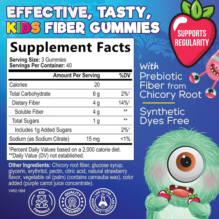 Kids Fiber Gummy Bears Supplement - Daily Prebiotic Fiber for Kids, Supports Regularity, Digestive Health & Immune Support, Nature's Plant Based Chicory Root Vitamins, Vegan, Berry Flavor