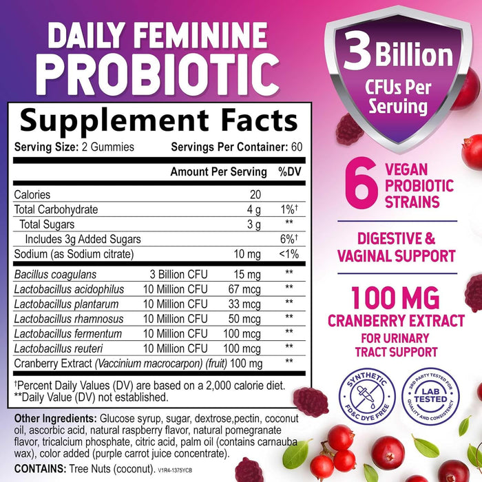 Probiotics for Women Gummies with Cranberry - 6 Premium Strains for PH Balance, Digestive Health, Vaginal & Immune Support, 3 Billion CFU, Women's Probiotic Gummy for Feminine Health - 120 Gummies