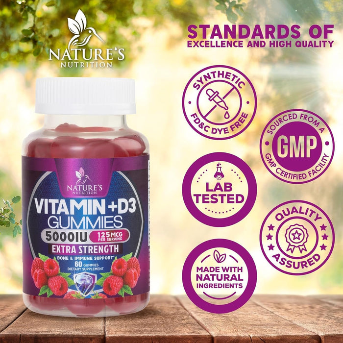 Vitamin D3 Supplement Gummy 5000 IU (125 mcg) Dietary Vitamins D for Men & Women - Bone, Teeth, Muscle and Immune Health Support, High Potency VIT D3 Nature's Non-GMO & Gluten Free - 60 Gummies