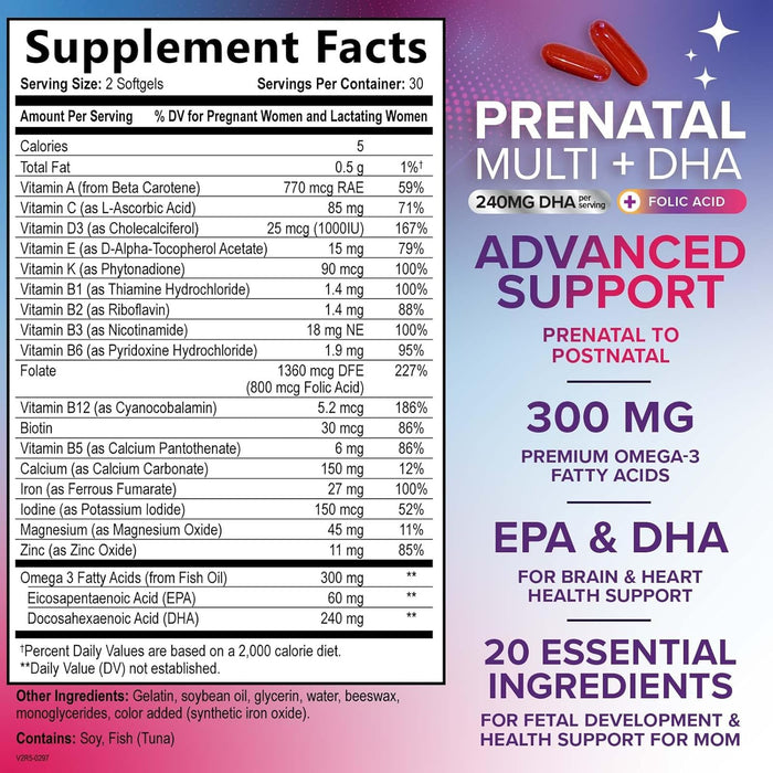 Women's Prenatal Multivitamin with Folic Acid & DHA, Prenatal Vitamins w/ Folate, Omega 3, Vitamins D3, B6, B12 & Iron, Pregnancy Support Prenatal DHA Supplement, Non-GMO Gluten Free