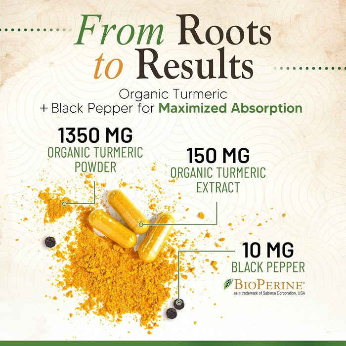 Turmeric Curcumin Supplement 1500mg - Organic Tumeric & BioPerine Black Pepper for Best Absorption with 95% Curcuminoids, Nature's Joint & Immune Support, Non-GMO, Bottled in USA