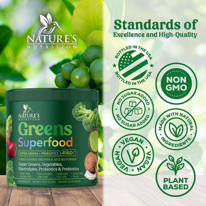 Organic Super Greens Powder Superfood - Original Organic Greens Superfood Smoothie Mix Powder, Antioxidants & Probiotics, Spirulina, Chlorella, Whole Foods, Digestive & Gut Health Support, 28 Servings