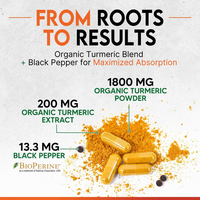 Turmeric Curcumin Supplement 2000mg - Nature's Joint & Immune Support, Organic Tumeric & BioPerine Black Pepper for Best Absorption with 95% Curcuminoids, Non-GMO, Bottled USA