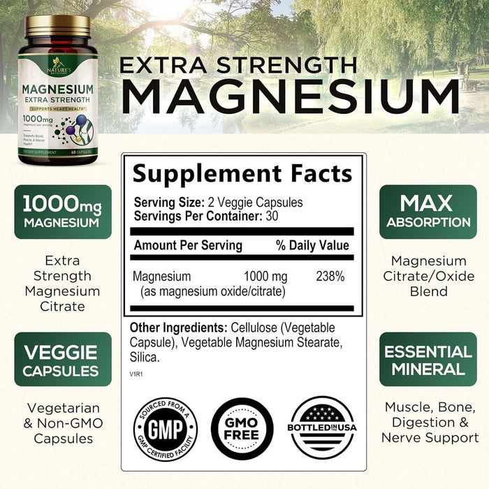 Magnesium Supplement (Citrate Oxide) 1000mg for Best Absorption, Supports Bone, Heart Health, Nerves, Muscles & Metabolism, Nature's Pure Magnesio Vitamin Pills, Bottled in USA