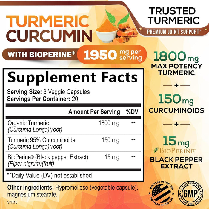 Turmeric Curcumin with BioPerine 95% Standardized Curcuminoids 1950mg - Black Pepper Extract for Max Absorption, Nature's Joint Support Supplement, Herbal Turmeric Pills, Vegan Non-GMO