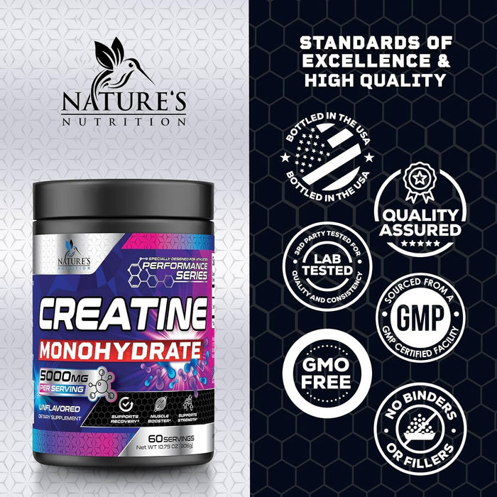 Creatine Monohydrate Powder 5000mg - Best Performance Micronized Creatine Nutritional Supplement - For Muscle Strength & Energy Support, Unflavored Monohydrate Powder, Bottled in USA - 60 Servings