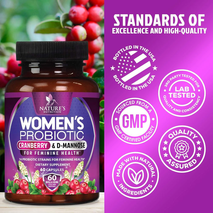 Probiotics for Women with Prebiotics & Cranberry, 60 Billion CFU, Vaginal Women's Probiotic for Immune & Digestive Health, D-Mannose for Urinary Health, Shelf Stable No Soy Gluten Dairy