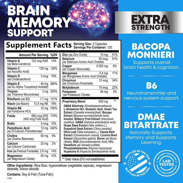 Brain Memory Supplement Pills - Nootropics Support for Concentration, Clarity, Alertness & Focus - Brain Health with Bacopa, Cognitive Vitamins, Phosphatidylserine, DMAE - Brain Booster - 240 Capsules
