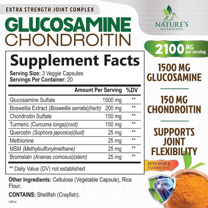 Glucosamine Chondroitin MSM Complex - Joint Support Supplement Turmeric & Boswellia, Triple Strength Glucosamine Capsules - Support for Joint Health & Mobility with Quercetin Bromelain