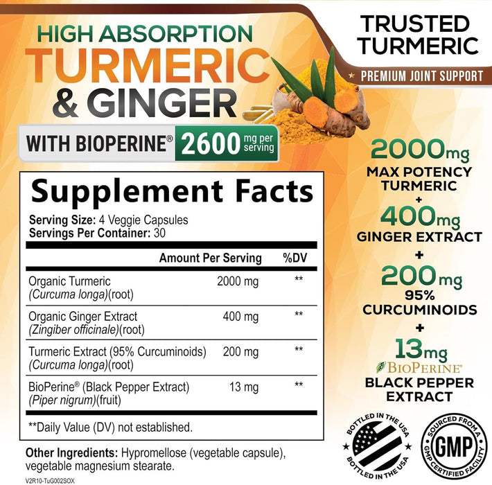 Turmeric Curcumin Supplement 2600mg with Organic Ginger & Turmeric, BioPerine Black Pepper Extract 95% Curcuminoids - Advanced Absorption Joint & Antioxidant Extra Strength Support - 120 Capsules