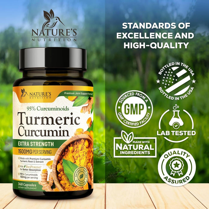 Turmeric Curcumin Supplement 1500mg - Organic Tumeric & BioPerine Black Pepper for Best Absorption with 95% Curcuminoids, Nature's Joint & Immune Support, Non-GMO, Bottled in USA