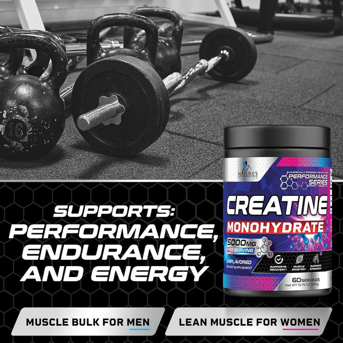 Creatine Monohydrate Powder 5000mg - Best Performance Micronized Creatine Nutritional Supplement - For Muscle Strength & Energy Support, Unflavored Monohydrate Powder, Bottled in USA - 60 Servings