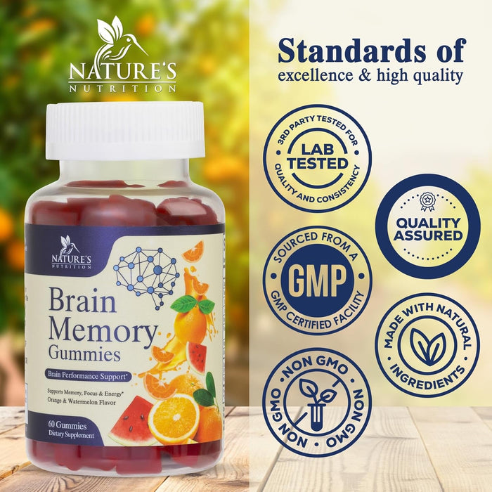 Brain Supplement Gummy for Memory, Focus & Concentration Support Gummies Plus Nootropics, Phosphatidylserine & Vitamins B6 & B12 - Nature's Caffeine Free Nootropic for Brain Health - 60 Gummies