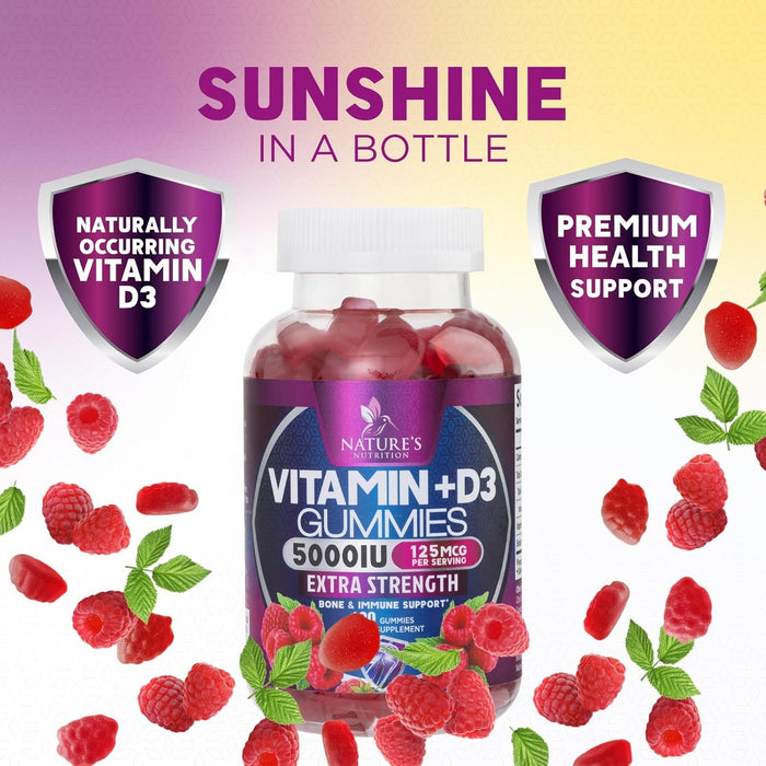 Vitamin D3 Supplement Gummy 5000 IU (125 mcg) Dietary Vitamins D for Men & Women - Bone, Teeth, Muscle and Immune Health Support, High Potency VIT D3 Nature's Non-GMO & Gluten Free - 60 Gummies