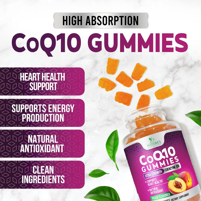 Nature's Nutrition CoQ10 Gummies 100mg – High Absorption Coenzyme Q10 Supplement for Heart Health, Energy & Antioxidant Support – Peach Flavor Gummy, Vegan, Non-GMO, Gluten Free – 60 Count