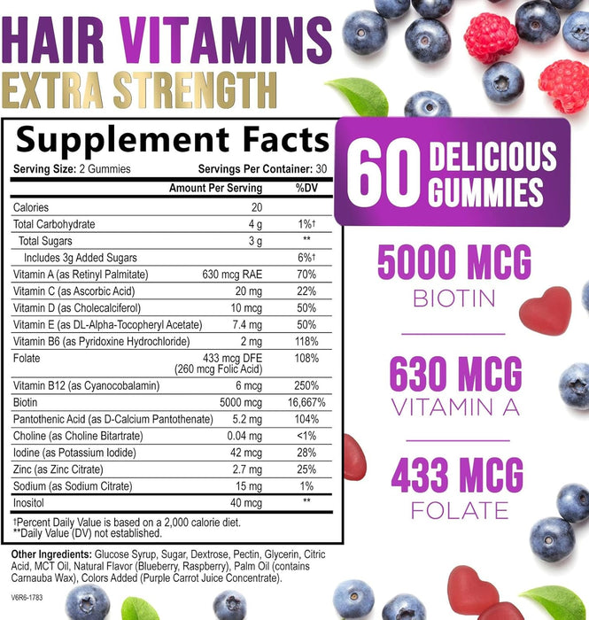 Hair Vitamins Gummy, with Biotin 5000mcg and Vitamins E & C, Advanced Hair Growth Support Gummies for Stronger, Beautiful Hair, Skin & Nails, Nature's Hair Supplement for Women & Men