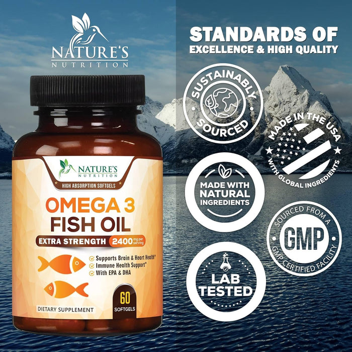 Fish Oil 2400 mg with Omega 3 EPA & DHA - Triple Strength Omega 3 Supplement - Omega 3 Fish Oil Supports Heart Health, Nature's Brain & Immune Support - Non-GMO Fish Oil Supplements