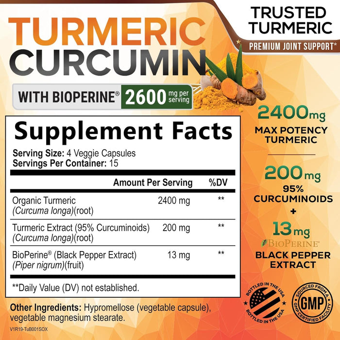Turmeric Curcumin Supplement with BioPerine 95% Curcuminoids 2600mg with Black Pepper for Best Absorption, Bottled in USA, Best Natural Vegan Joint Support, Nature's Non-GMO Tumeric - 60 Capsules