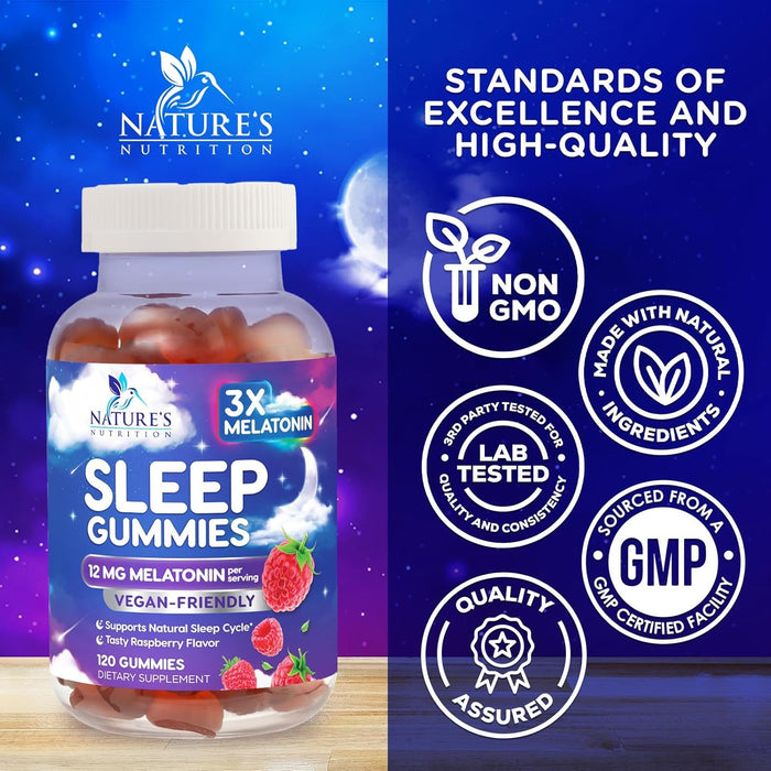 Sleep Melatonin Gummies, Extra Strength Natural Melatonin Gummy 12mg, Nature's Berry Flavor, Sleep Support Vitamin Supplement for Adults, Non-GMO, Vegan