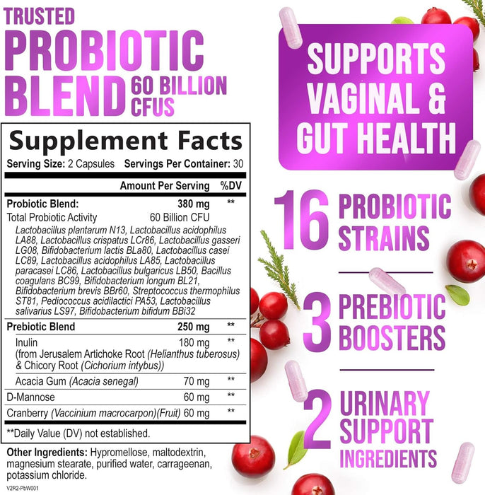 Probiotics for Women with Prebiotics & Cranberry, 60 Billion CFU, Vaginal Women's Probiotic for Immune & Digestive Health, D-Mannose for Urinary Health, Shelf Stable No Soy Gluten Dairy