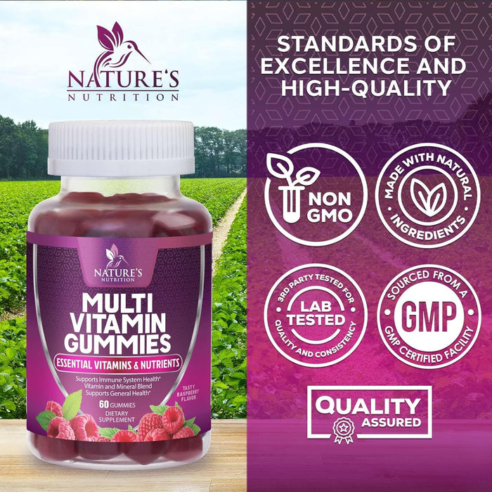 Multivitamin Gummies, Extra Strength Daily Gummy Vitamin & Antioxidant Supplement for Women & Men with Vitamins A, C, D, E, B-6, B-12 & Zinc for Immune Health Support, Non-GMO, Raspberry