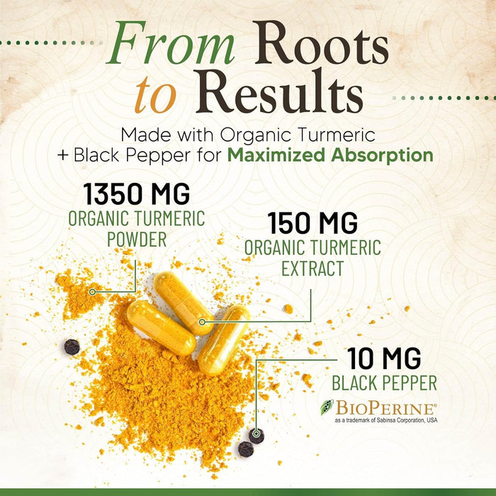 Turmeric Curcumin Supplement 1500mg - Organic Tumeric & BioPerine Black Pepper for Best Absorption with 95% Curcuminoids, Nature's Joint & Immune Support, Non-GMO, Bottled in USA