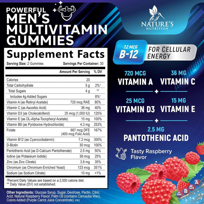 Nature's Multivitamin for Men Gummies - Berry Flavored Mens Multivitamins Daily Supplement with Vitamins A, C, D, E, B6, B12, & Zinc - Gummy Vitamin for Energy & Immune Health Support