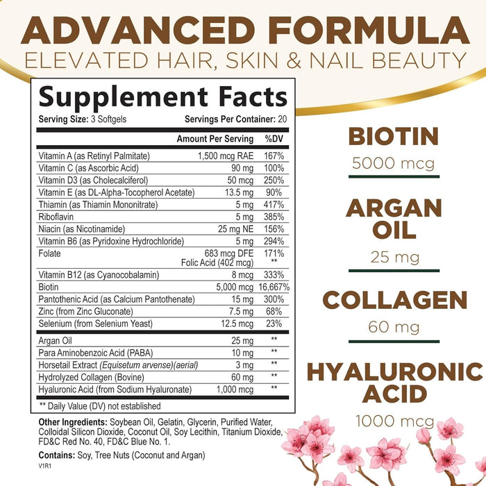 Hair Vitamins for Women, Ultra Strength 5000mcg Biotin Collagen & More - Premium Hair Growth, Skin, Nails & Keratin Support Supplement, Infused with Argan Oil & Hyaluronic Acid, Non-GMO - 120 Softgels