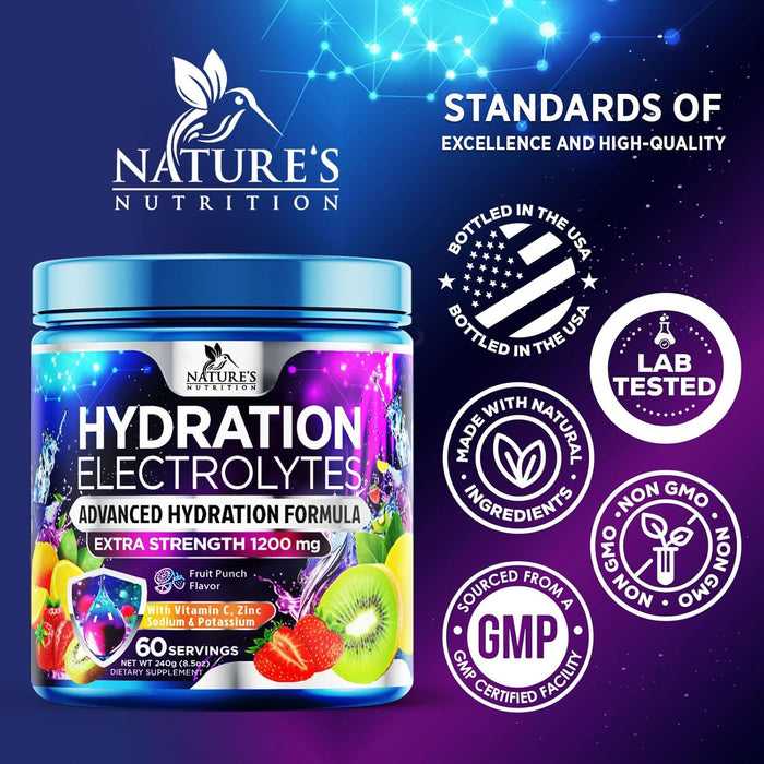 Daily Electrolyte Drink Mix - Best Multivitamin Hydration Supplement, 6 Electrolytes & Minerals, Post Workout & Recovery Electrolyte Powder, Refreshing Fruit Punch Flavor, Vegan Non-GMO - 60 Servings