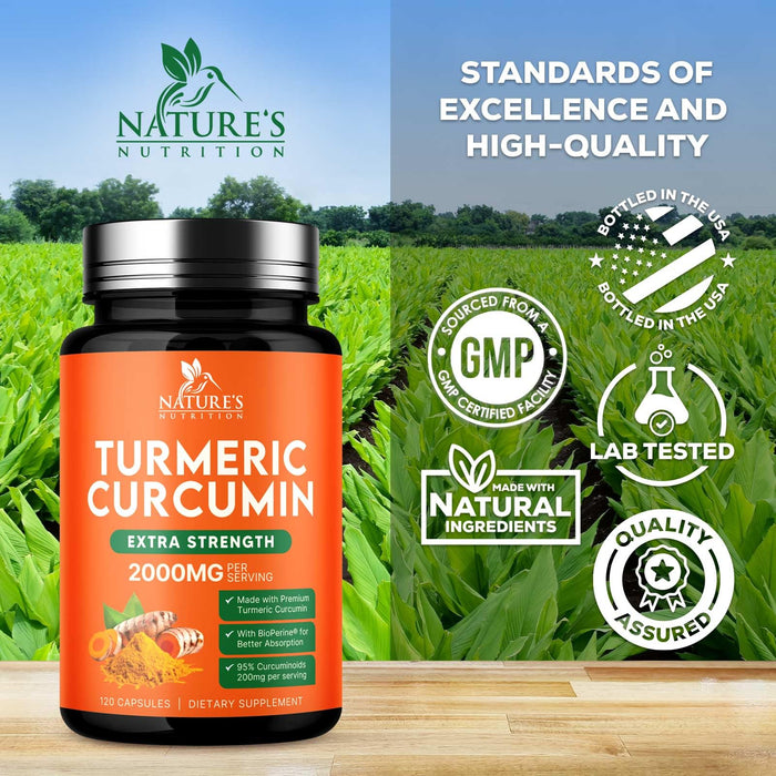 Turmeric Curcumin Supplement 2000mg - Nature's Joint & Immune Support, Organic Tumeric & BioPerine Black Pepper for Best Absorption with 95% Curcuminoids, Non-GMO, Bottled USA