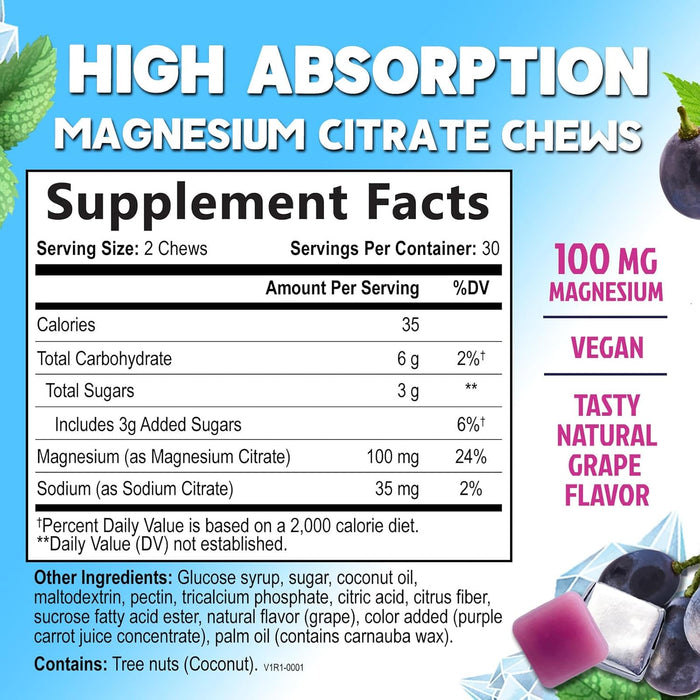 Magnesium Supplement Chews with High Absorption Magnesium Citrate for Heart, Bone, Muscle, & Nerve Health Support, Calm Magnesium Chews, Vegan Magnesium Chewable, Grape Flavor