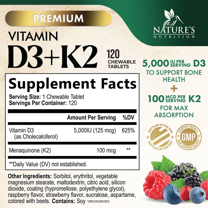 Vitamin D3 + K2 (MK-7) 5000 IU + 100 mcg - 120 Tablets