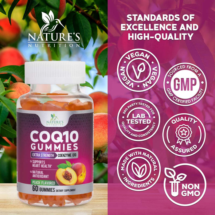 Nature's Nutrition CoQ10 Gummies 100mg – High Absorption Coenzyme Q10 Supplement for Heart Health, Energy & Antioxidant Support – Peach Flavor Gummy, Vegan, Non-GMO, Gluten Free – 60 Count