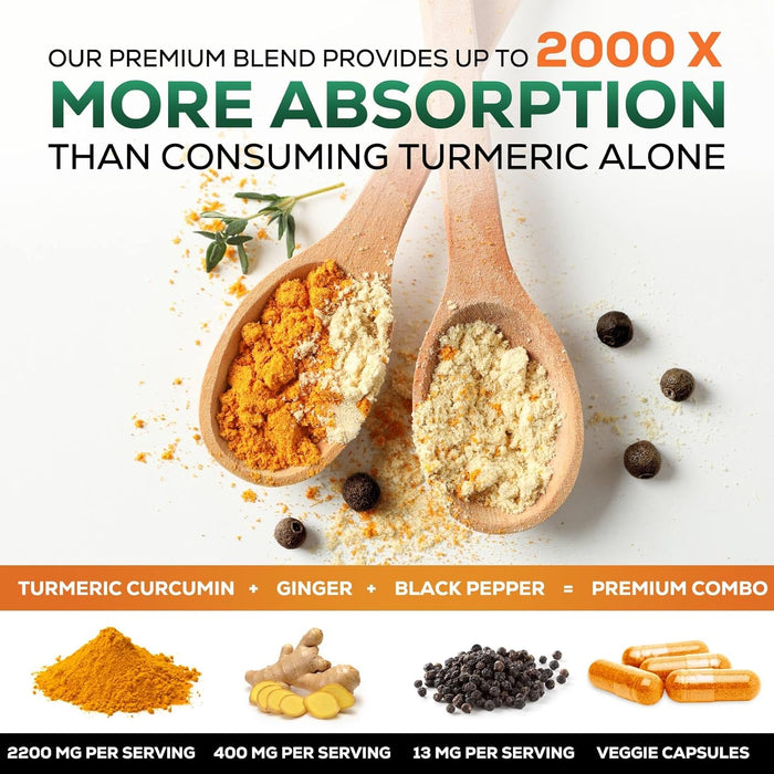 Turmeric Curcumin Supplement 2600mg with Organic Ginger & Turmeric, BioPerine Black Pepper Extract 95% Curcuminoids - Advanced Absorption Joint & Antioxidant Extra Strength Support - 120 Capsules