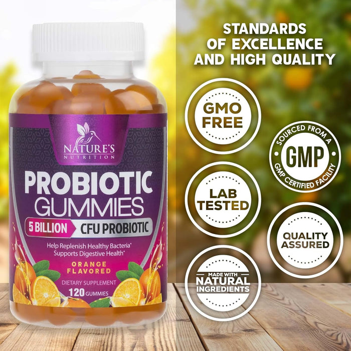 Nature's Nutrition Probiotics for Women & Men Gummy, Extra Strength 5 Billion CFU, Lactobacillus Acidophilus Daily Probiotic Supplement, Supports Immune & Digestive Health, Orange Flavor