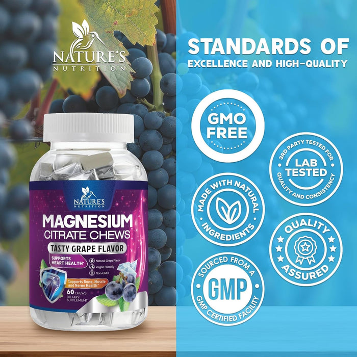 Magnesium Supplement Chews with High Absorption Magnesium Citrate for Heart, Bone, Muscle, & Nerve Health Support, Calm Magnesium Chews, Vegan Magnesium Chewable, Grape Flavor