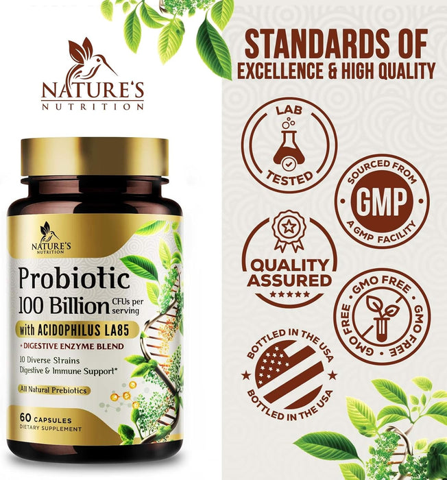 Probiotics for Women & Men - 100 Billion CFU 10 Strains + Prebiotics - Digestive Health, Gut & Immune Support - Support for Occasional Constipation, Gas & Bloating - Non-GMO Shelf Stable - 60 Capsules