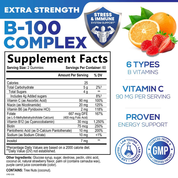 B Complex Gummies with Vitamin C & Folic Acid Super Vitamin B Gummy with Niacin â€“ 120 Gummies