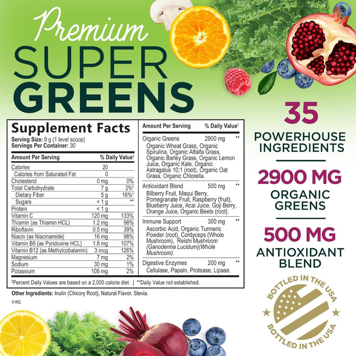 Greens Superfood Powder Supplement - Super Green Smoothie Mix Blend with Spirulina, Wheat Grass, Chlorella, Beets, Digestive Enzymes & Antioxidants - Natural Gut Health, Vegan & Non-GMO - 30 Servings