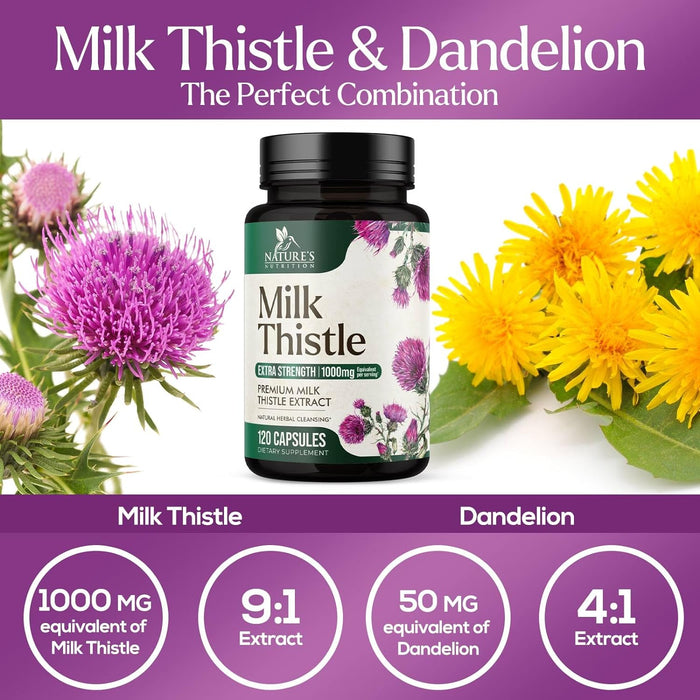 Nature's Milk Thistle 1000mg - Herbal Liver Supplement - Best Milk Thistle Liver Cleanse Detox & Repair Formula with Dandelion Root Extract & Silymarin Marianum, Supports Liver Health - 120 Capsules