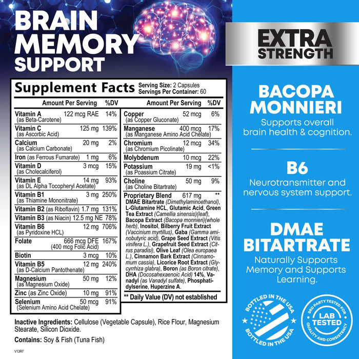 Nootropic Brain Supplement for Memory, Focus & Concentration - Cognitive Support Brain Booster Supplement with Phosphatidylserine & DMAE Bacopa - Brain Vitamins for Men & Women, Non-GMO