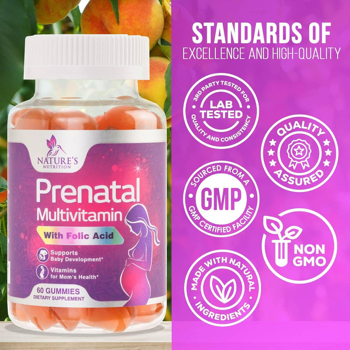 Nature's Prenatal Multivitamin Gummy with Folic Acid, Prenatal Vitamins w/Folate, Choline, Vitamin A, C, D3, B12 & B6, Before, During & After Pregnancy Vitamins for Women