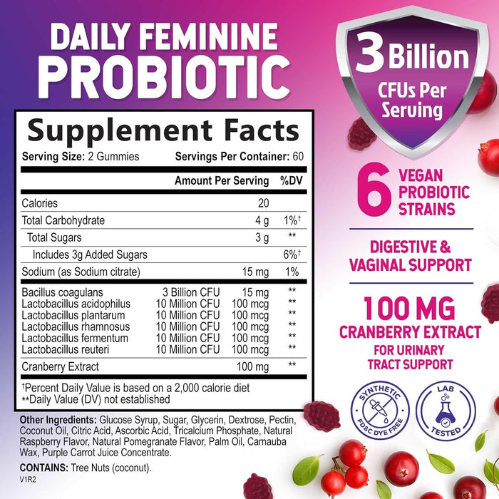 Formulated Probiotics for Women Gummy w/ pH Support - Womens Probiotic for Digestive Health, Vaginal, Urinary & Immune Support, 3 Billion CFU w/ Cranberry, Womens Probiotic Supplement